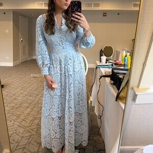 Light Blue Lace Long Sleeve Maxi Dress